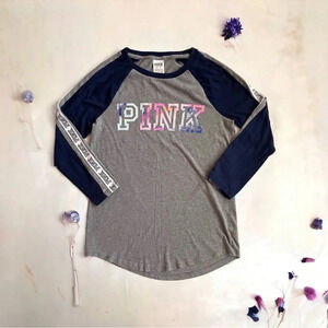 PINK Victoria’s Cotton 3/4 Sleeve Campus Baseball Varsity Gray Navy Blue Shirt